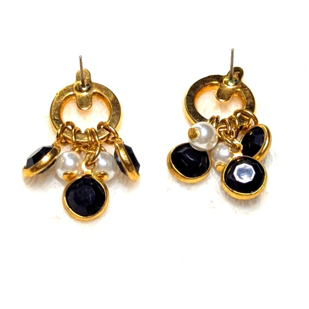 Elegant Goldtone, Black Crystal And Faux Pearl Pierced Dangle Earrings arrings - Picture 7 of 7